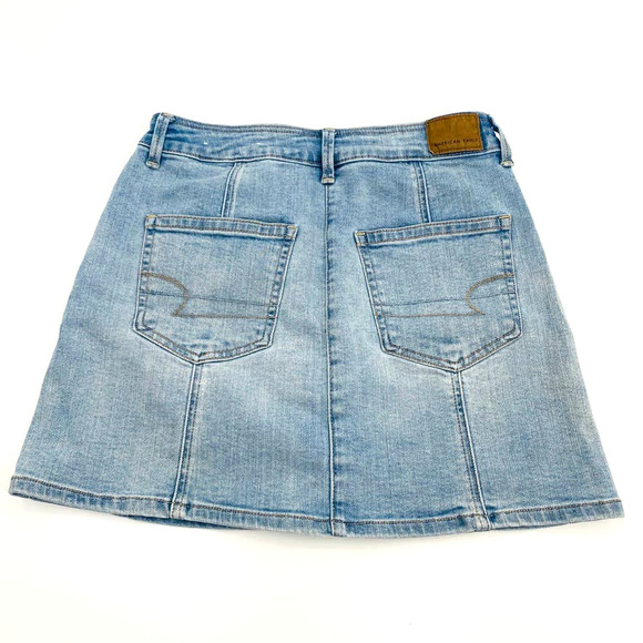 American Eagle Light Wash Button Front Hi-Rise A-Line Skirt Super Stretch Sz 4 - Picture 3 of 13